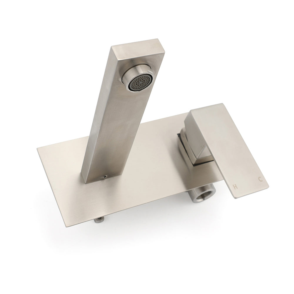 Brushed Nickel Square Wall Mount Basin Mixer Laundry Vanity Tap Spout Faucet Set - Image 3