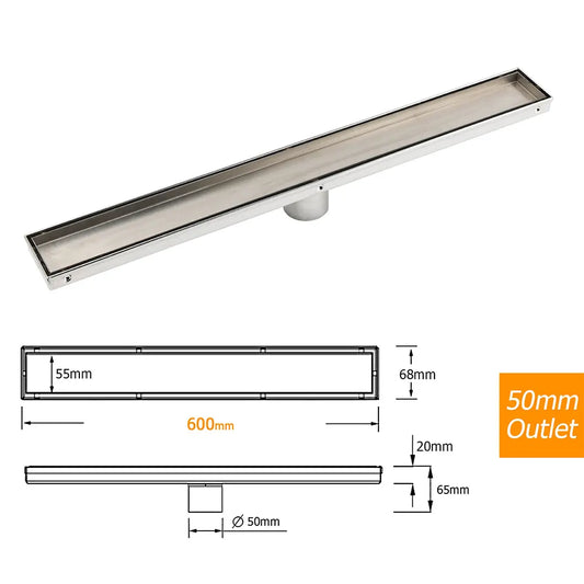 304 Stainless Steel 600mm Tile Insert Linear Shower Grate Floor Drain 50mm Waste - Image 3