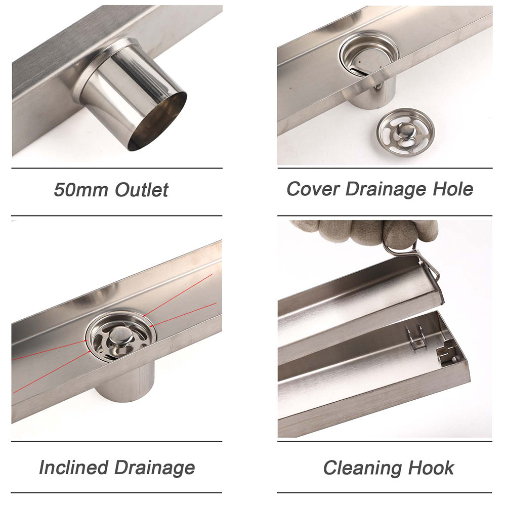 304 Stainless Steel 800mm Tile Insert Linear Shower Grate Floor Drain 50mm Waste - Image 3