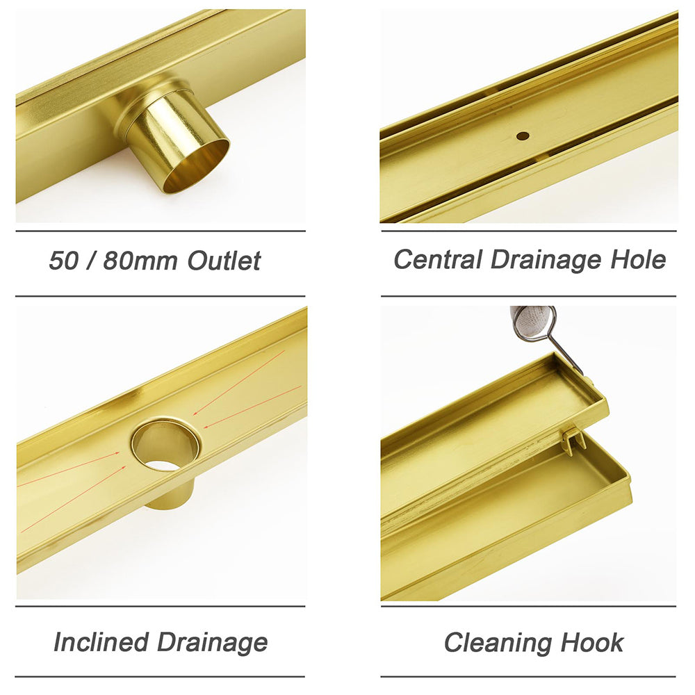 Brushed Gold 304SUS 800mm Tile Insert Shower Grate Floor Drain 50mm Waste Outlet - Image 3