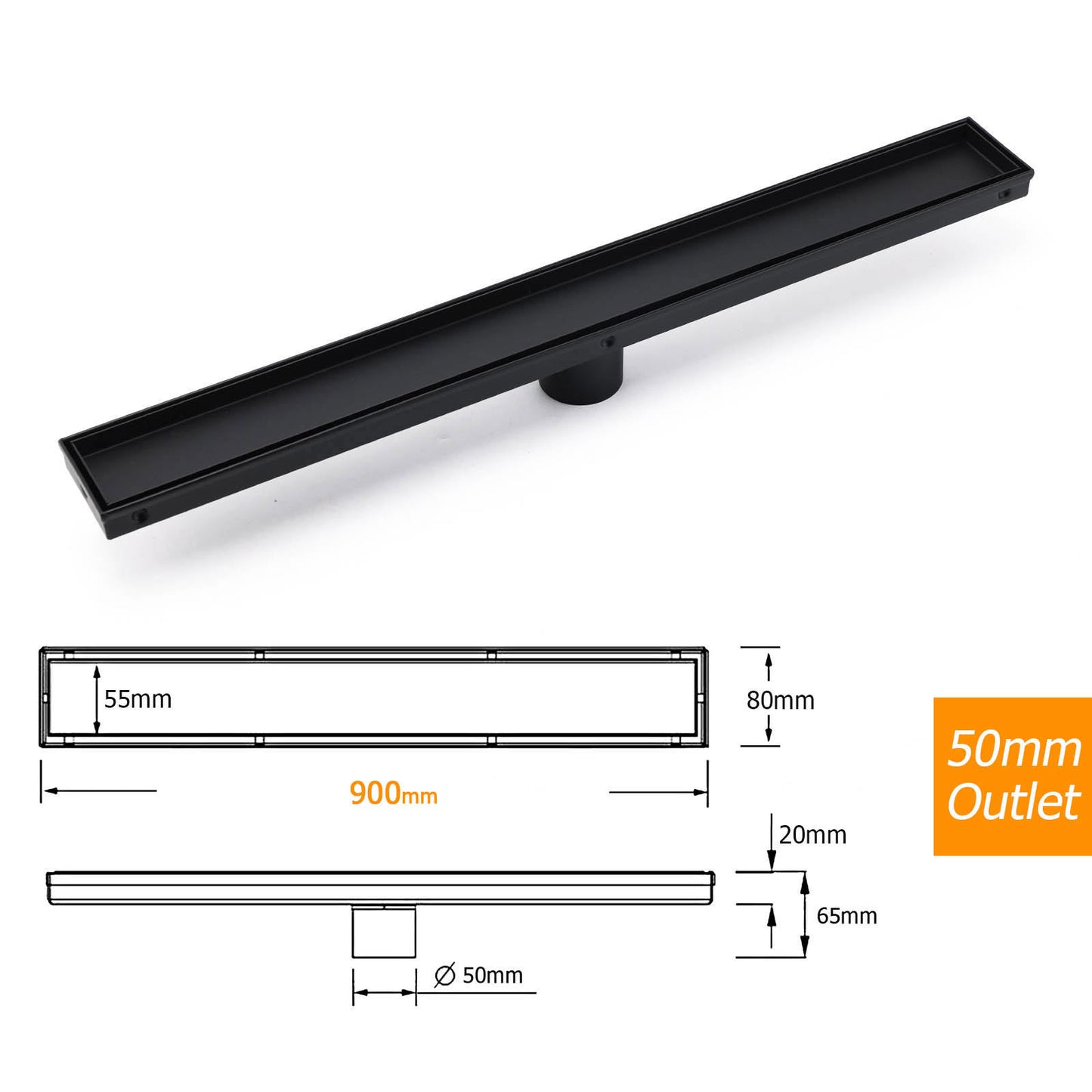WaterMark Matt Black 900mm Tile Insert Shower Grate Floor Drain 50mm Flow Waste - Image 2