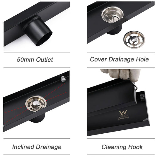 WaterMark Matt Black 900mm Tile Insert Shower Grate Floor Drain 50mm Flow Waste - Image 3