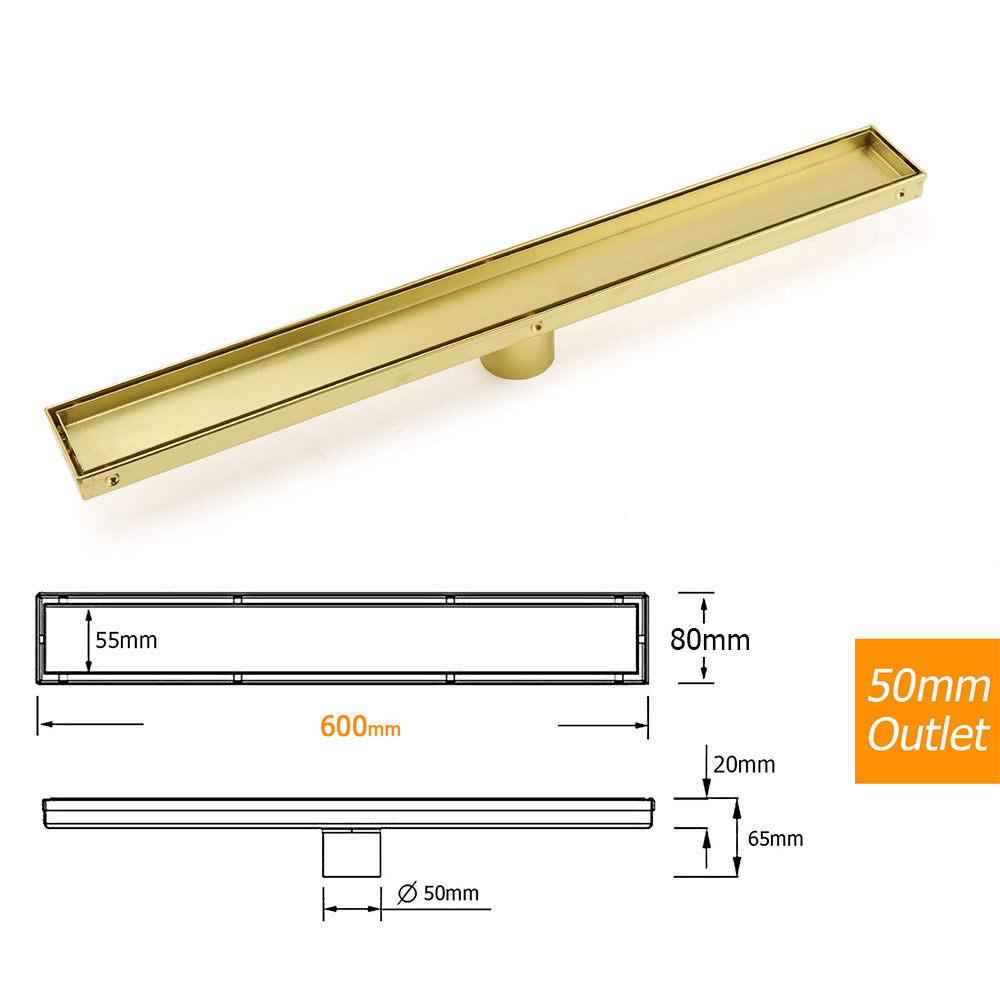 Brushed Gold 600mm Tile Insert Linear Shower Grate Floor Drain 50mm Outlet Waste - Image 3