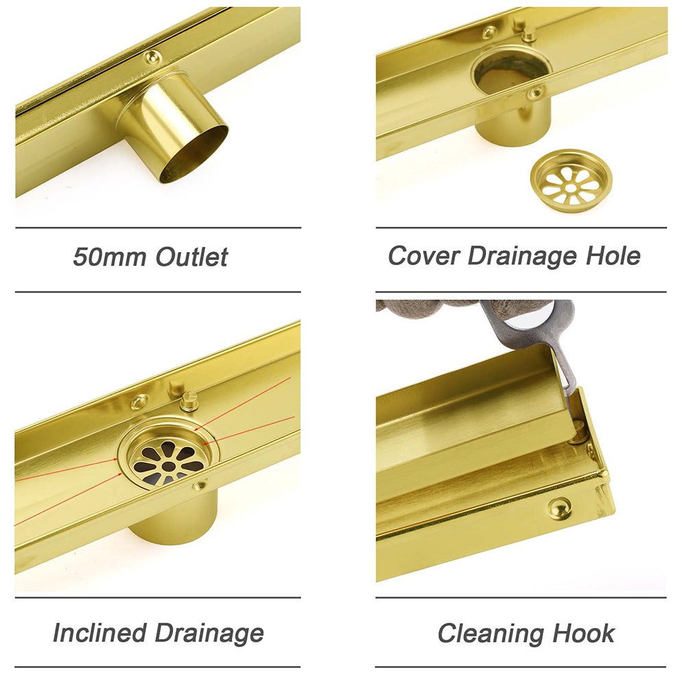 Brushed Gold 600mm Tile Insert Linear Shower Grate Floor Drain 50mm Outlet Waste - Image 5