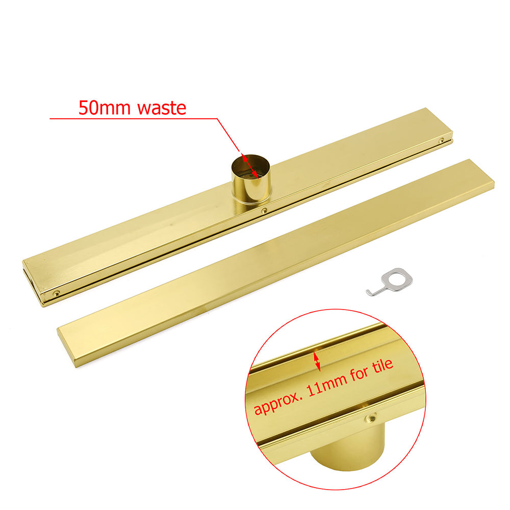 Brushed Gold 600mm Tile Insert Linear Shower Grate Floor Drain 50mm Outlet Waste - Image 7