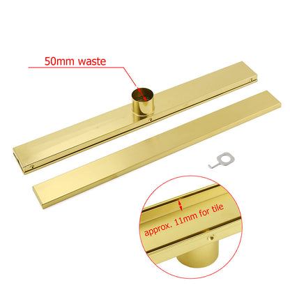 Brushed Gold 600mm Tile Insert Linear Shower Grate Floor Drain 50mm Outlet Waste - Image 7