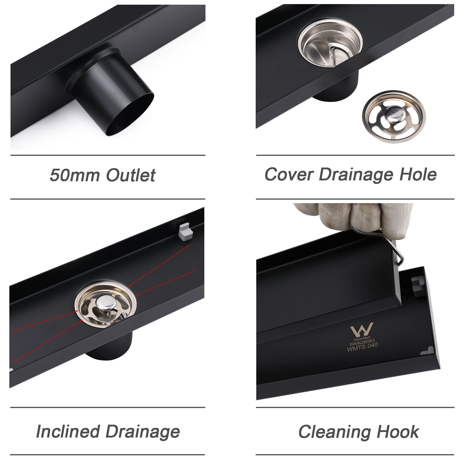 Matt Black 600mm Tile Insert Linear Shower Grate Floor Drain 50mm Waste Outlet - Image 3