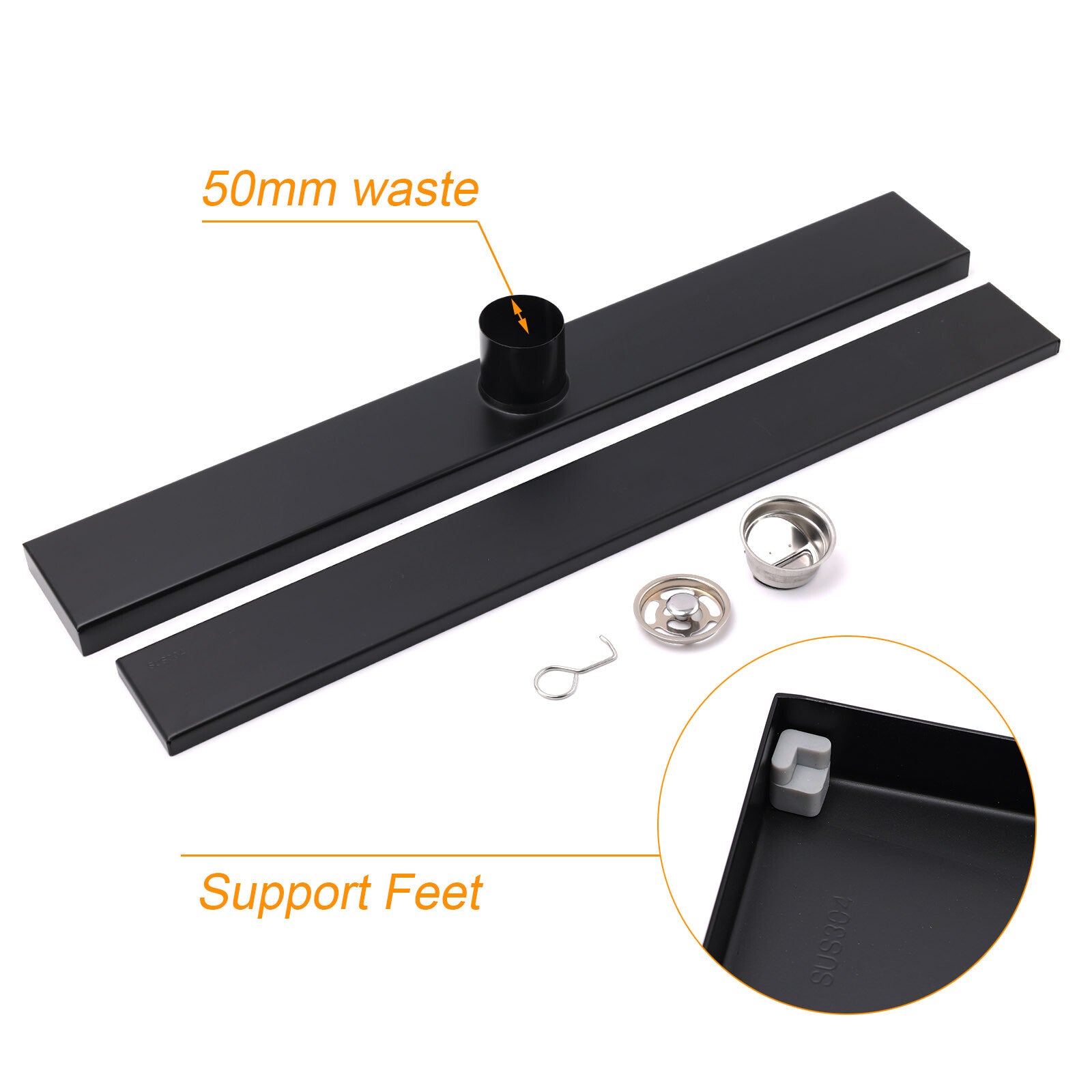 Matt Black 600mm Tile Insert Linear Shower Grate Floor Drain 50mm Waste Outlet - Image 6