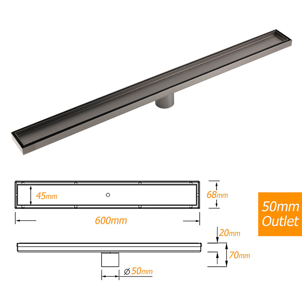 Gun Metal Tile Insert 600mm Linear Shower Grate Floor Drain 50mm Waste Outlet - Image 3