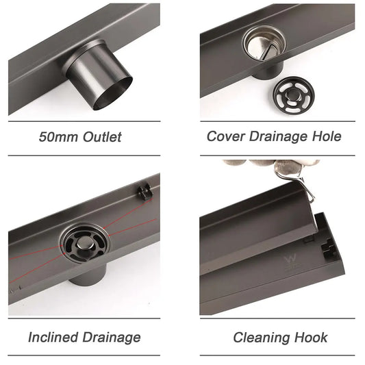 Gun Metal Tile Insert 600mm Linear Shower Grate Floor Drain 50mm Waste Outlet - Image 4