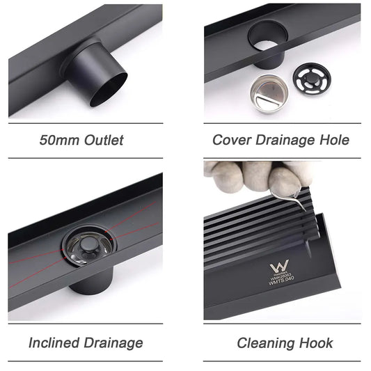 Matt Black 600mm Strip Fence Sword Shower Grate Floor Drain 50mm Waste Outlet - Image 5