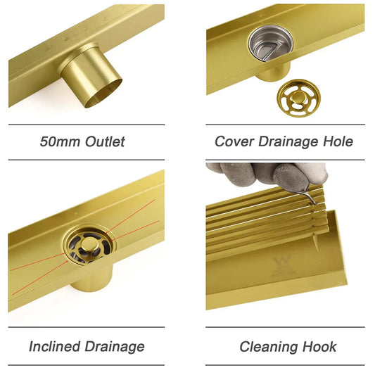 Brushed Gold Bathroom 800mm Strip Fence Long Shower Grate Floor Drain 50mm Waste - Image 4