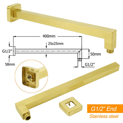 WELS Brushed Gold 8" Square Rainfall Shower Head 400mm Long Straight Wall Arm Set - Image 3