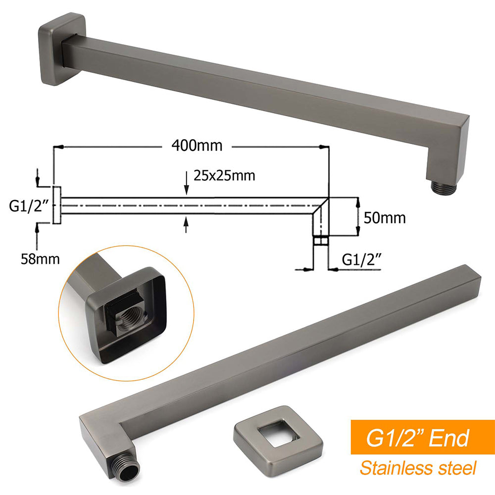 Gun Metal 8" Square Large Rainfall Shower Head 400mm Straight Wall Mounted Arm Set - Image 3