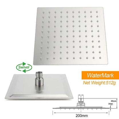 Brushed Nickel 8" Square Rainfall Shower Head + 400mm Straight Wall Mount Arm - Image 4