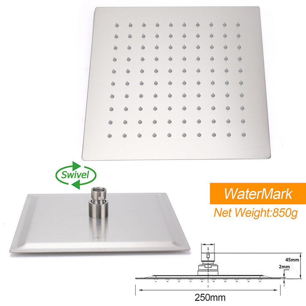 Brushed Nickel 10" Square Rainfall Shower Head + 400mm Straight Wall Mount Arm - Image 4