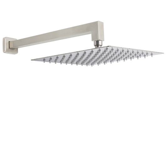 Brushed Nickel 12" Square Rainfall Shower Head + 400mm Straight Wall Mount Arm