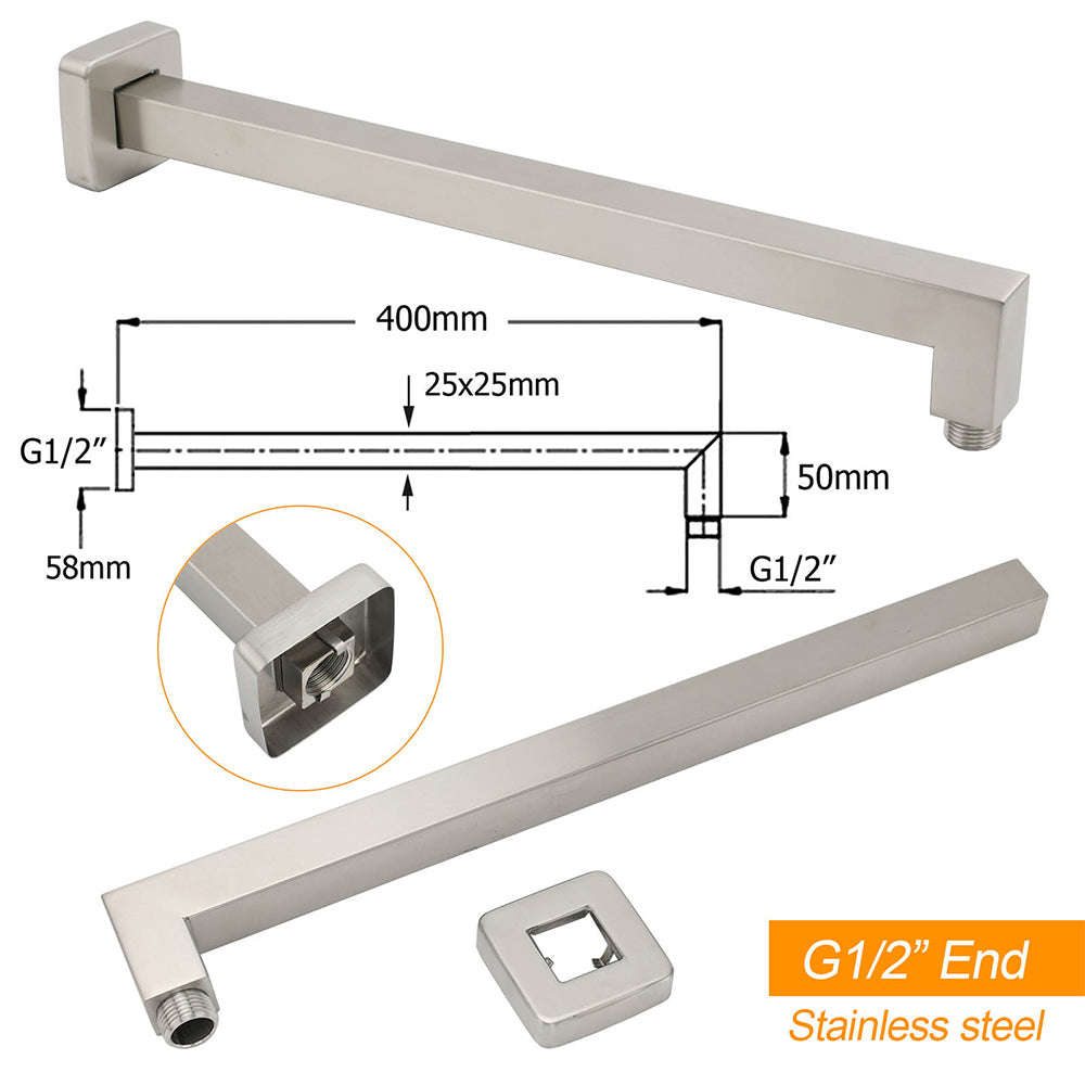 Brushed Nickel 12" Square Rainfall Shower Head + 400mm Straight Wall Mount Arm - Image 2