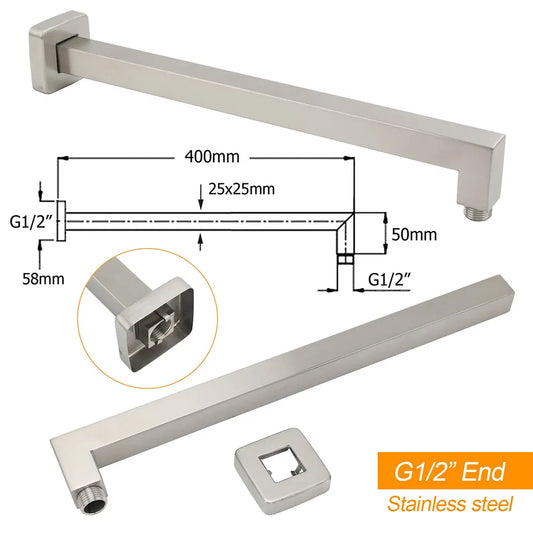 Brushed Nickel 12" Square Rainfall Shower Head + 400mm Straight Wall Mount Arm - Image 3