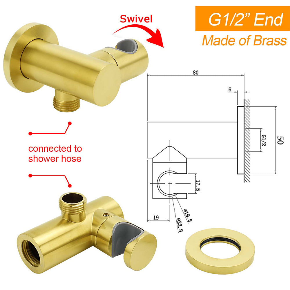 Brushed Gold Brass Handheld Shower Swivel Bracket Holder Water Inlet Elbow Connector Kit - Image 2