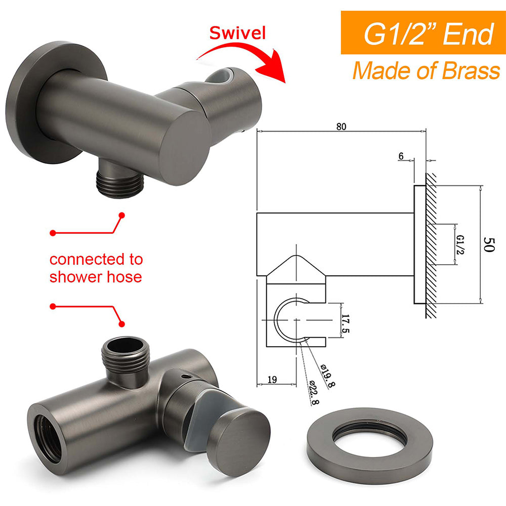 Gun Metal Grey Handheld Shower Head Swivel Bracket Holder Water Inlet Elbow Connector - Image 2