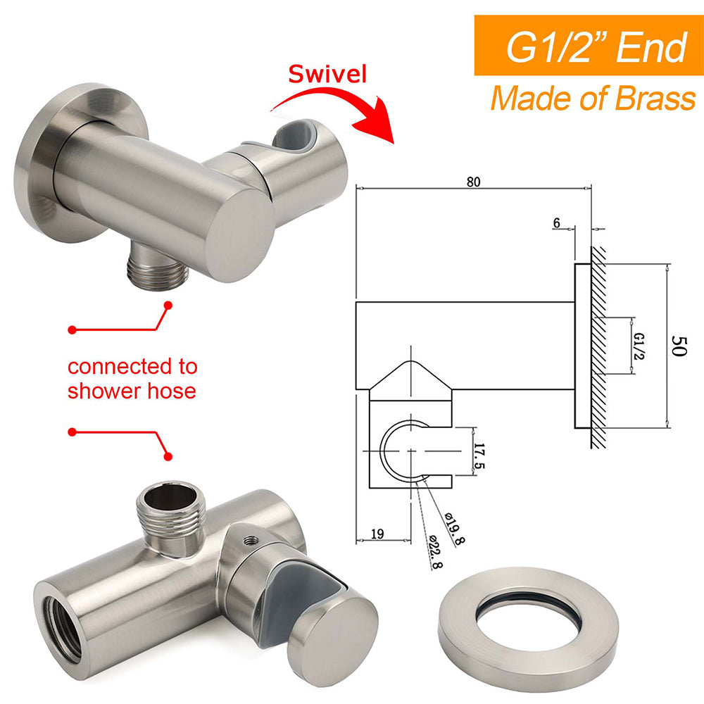 Brushed Nickel Water Inlet Handheld Shower Swivel Bracket Holder Wall Elbow Connector - Image 2