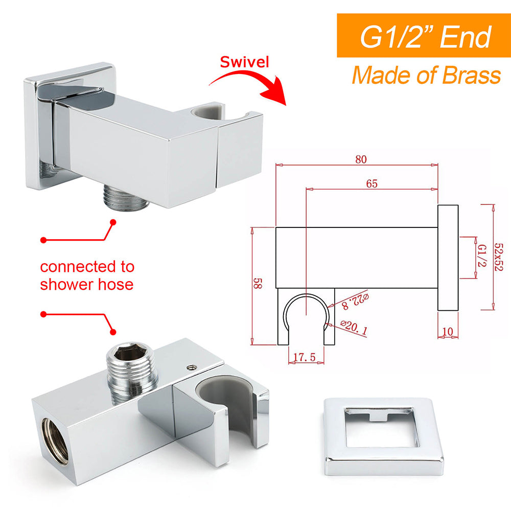Chrome Square Water Inlet Shower Rose Bracket Swivel Holder Wall Elbow Connector G1/2" Thread - Image 2