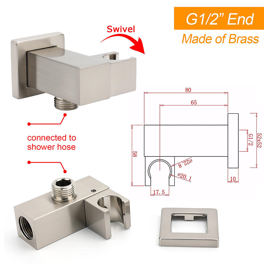 Brushed Nickel Square Bracket Flexible Shower Head Holder Wall Connector 1/2" End Thread - Image 2