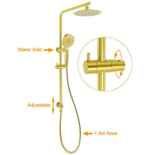 Brushed Gold Dual Shower Set 8" Round Head 3 Modes Handheld Sliding Rail Arm Twin Taps - Image 2