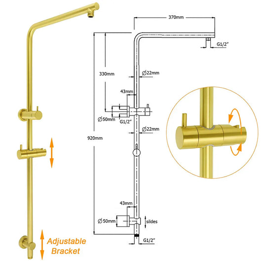WELS Brushed Gold 2in1 Shower Large Round 12" Rain Head Handheld Silde Wall Rail Arm Twin Taps - Image 3