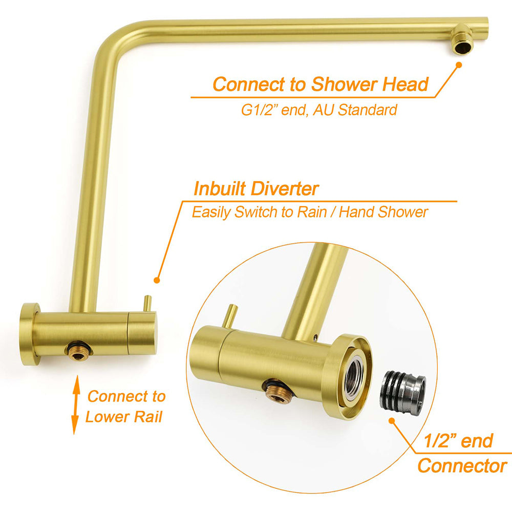 WELS Brushed Gold Twin Shower Large Round 12" Rain Head Handheld Silde Wall Rail Arm Stylish Mixer - Image 4