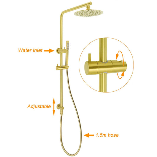 Brushed Gold Dual Shower Set 8" Round Head Ergonomic Handheld Sliding Rail Arm Twin Taps - Image 2