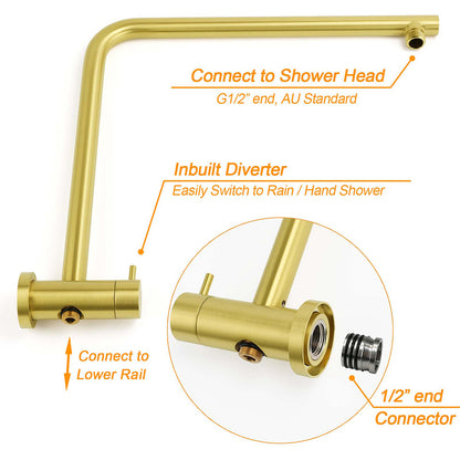 Brushed Gold Twin Shower Set 8" Round Head Single Mode Handheld Sliding Rail Arm + Wall Mixer - Image 4