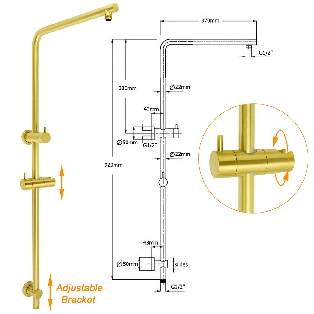 Brushed Gold Twin Shower Large Round 12" Rain Head Metal Rose Silde Wall Rail Arm Mixer Valve - Image 3