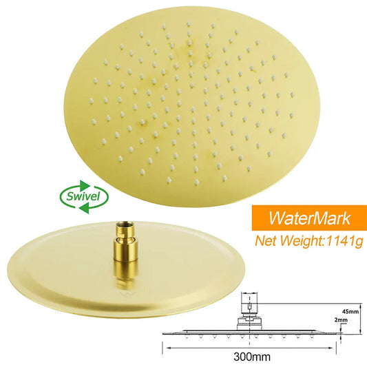 WELS Brushed Gold Twin Shower Large Round 12" Rain Head Handheld Rose Silde Wall Rail Arm Mixer - Image 6