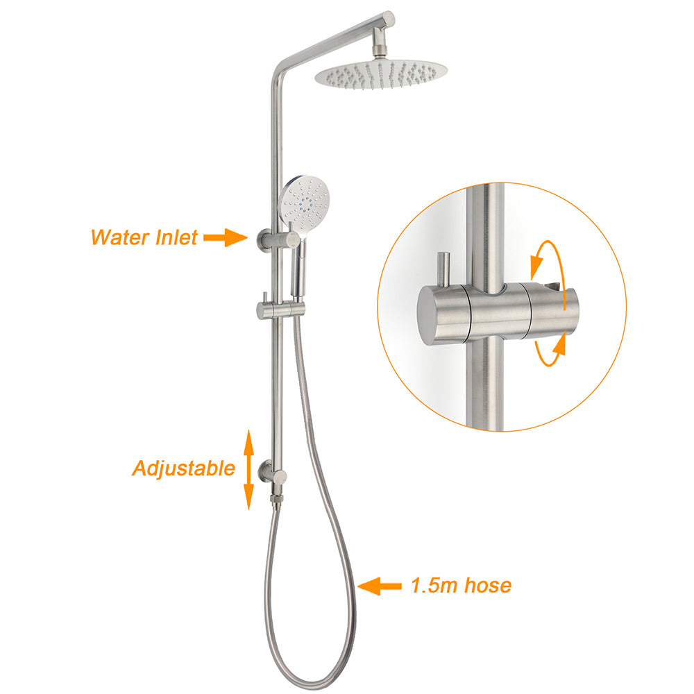 Brushed Nickel Dual Shower Set Sliding Rail Arm 8" Round Head Handheld Silver - Image 2