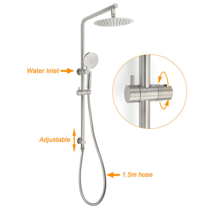 Brushed Nickel Dual Shower Set Sliding Rail Arm 8" Round Head Handheld 1/4 Turn Mixer Valve - Image 2