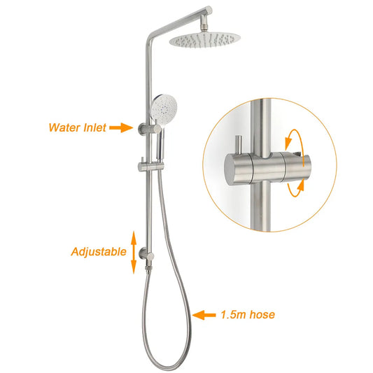 WELS Brushed Nickel Dual Shower Set Sliding Rail Arm 8" Round Head Handheld Mixer - Image 2