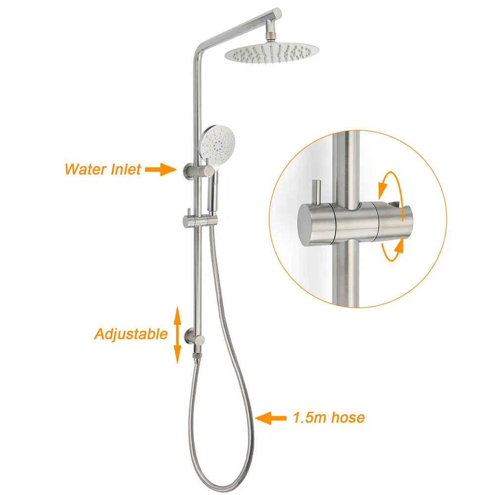 WELS Brushed Nickel 2in1 Shower Set Sliding Rail Arm 8" Round Head Handheld Small Face Mixer - Image 2