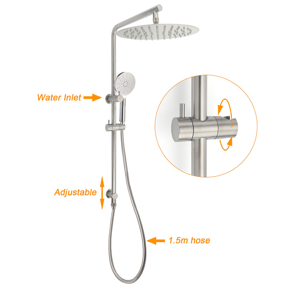 WELS Brushed Nickel Dual Shower Set Sliding Rail Arm 12" Round Head Handheld 2 Way Diverter - Image 2