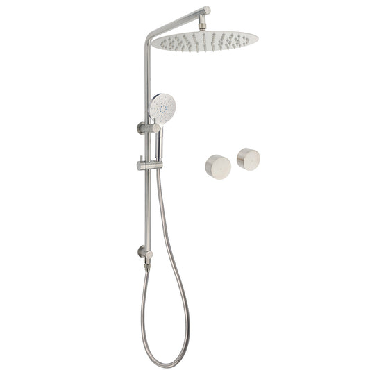 Brushed Nickel 2in1 Shower Set Sliding Rail Arm 12" Round Head Handheld Twin Taps Hot Cold Water Control