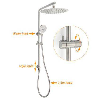 Brushed Nickel 2in1 Shower Set Sliding Rail Arm 12" Round Head Handheld Twin Taps Hot Cold Water Control - Image 2