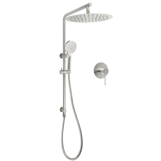 WELS Brushed Nickel Dual Shower Set Sliding Rail Arm 12" Round Head Handheld Wall Mixer