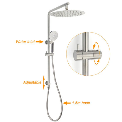 WELS Brushed Nickel Dual Shower Set Sliding Rail Arm 12" Round Head Handheld Wall Mixer - Image 2