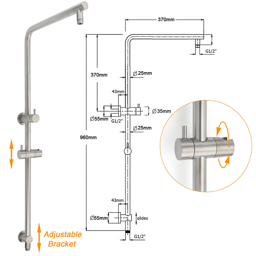 WELS Brushed Nickel 2in1 Shower Set Sliding Rail Arm 8" Round Head Metal Handheld Small Face Mixer - Image 3