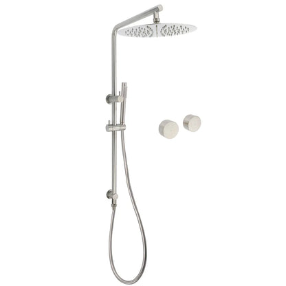WELS Brushed Nickel Dual Shower Set Sliding Rail Arm 12" Round Head Metal Handheld Twin Taps Valve