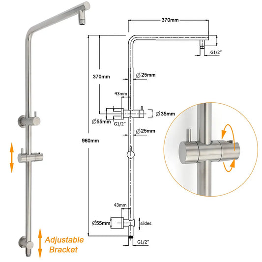 WELS Brushed Nickel Dual Shower Set Sliding Rail Arm 12" Round Head Metal Handheld Twin Taps Valve - Image 3