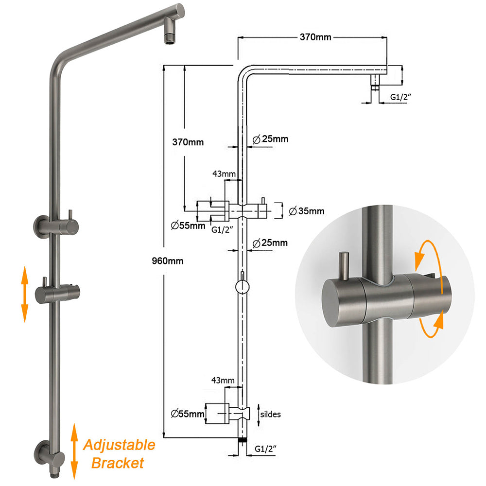 WELS Gun Metal Round 10" 2in1 Shower Head 3 Modes Handheld Slide Rail Arm Twin Taps - Image 7
