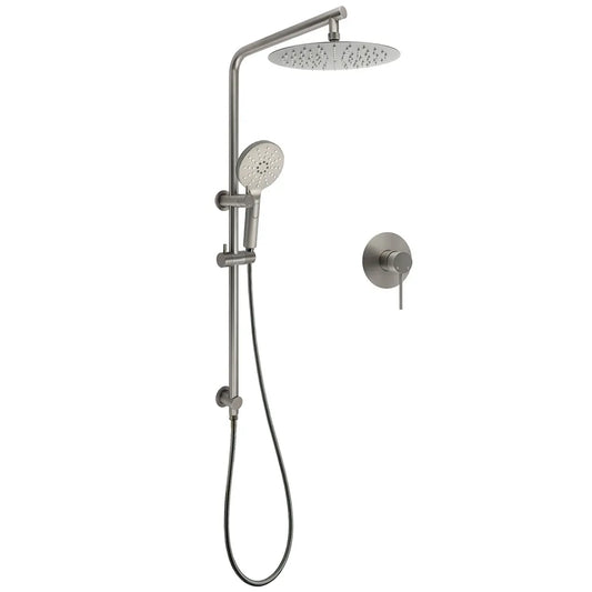 WELS Gun Metal Round 10" Twin Shower Head 3 Modes Handheld Slide Rail Diverter Mixer