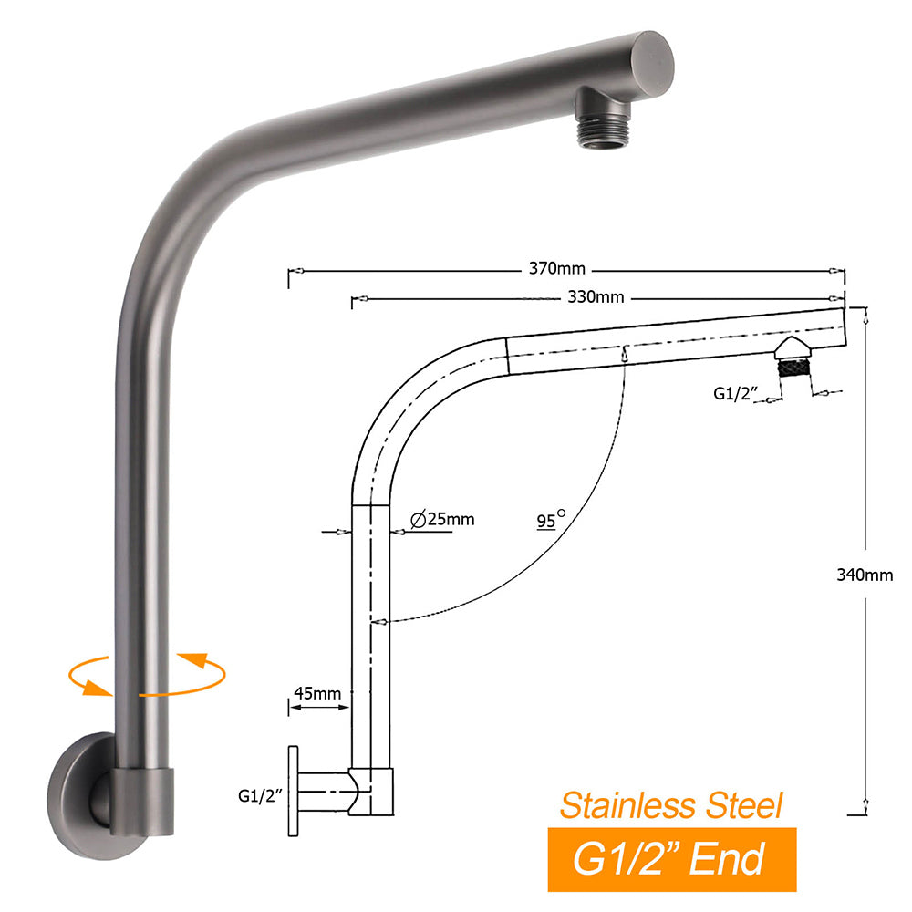 Gun Metal Round 8" Rainfall Shower Head + High Rise Gooseneck Wall Arm Bath Set - Image 3